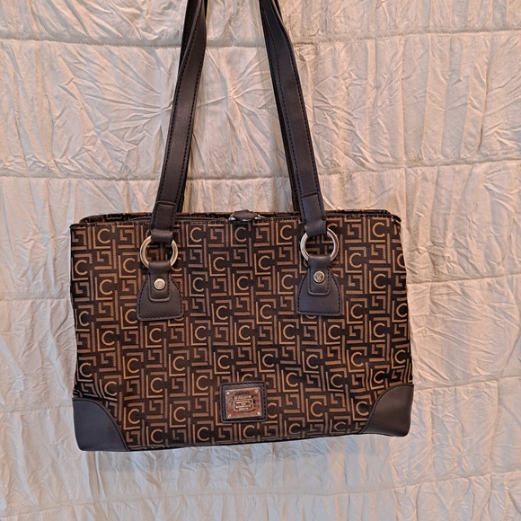 Liz Claiborne Handbags - Liz Claiborne Vintage Cotton Canvas Fabric Tan Brown Monogram Shoulder Satchel